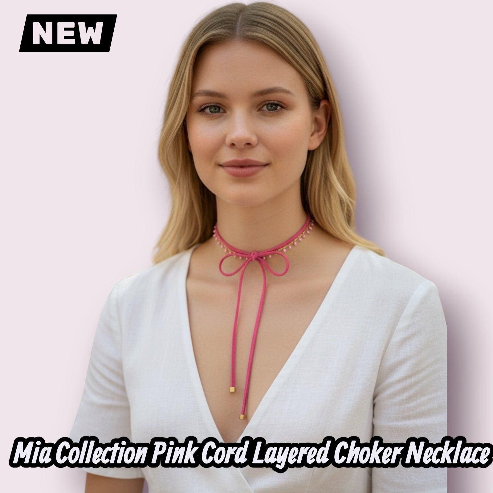 New Mia Collection Pink Cord Layered Choker Necklace Single Clasp Dual Strand Ad